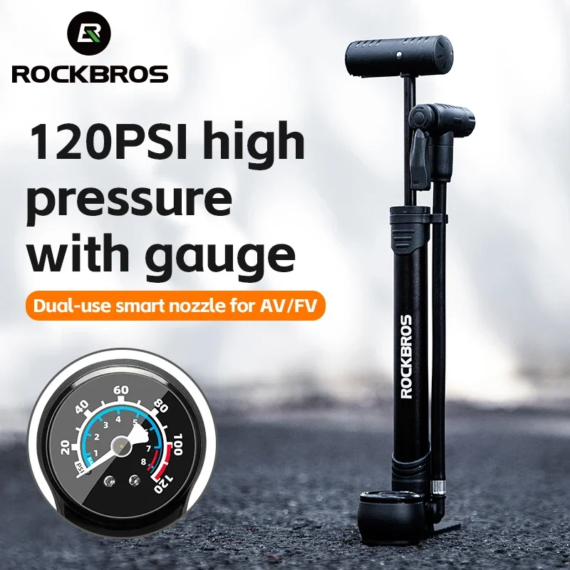 ROCKBROS 120PSI Mini Bike Pump Riding Portable Bike Pump FV/AV Handheld/Vertical Inflation Modes Inflator Cycling Bike Accesory