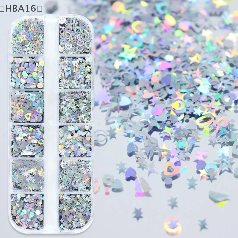 [HBA16] 12 グリッドネイルエンハンスメントシルバースターラブパターンレーザーネイルグリッターフラッシュネイルデコレーションネイルチャームマニキュアツール