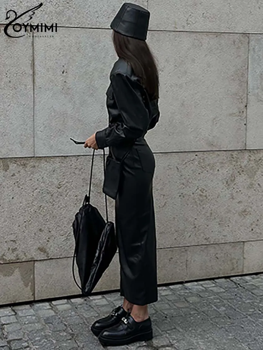 Oymimi Elegant Black Pu Leather Women's Two Pieces Set Fashion Long Sleeve Pockets Button Shirts And Slim Mid-Calf Skirts Sets