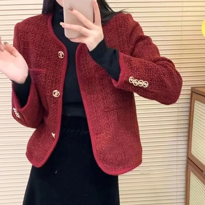 

2024 Women Fashion Spring Autumn Long Sleeve Cropped Jacket Female Single-breasted Tweed Jackets Ladies O-Neck Short Jacket Q109