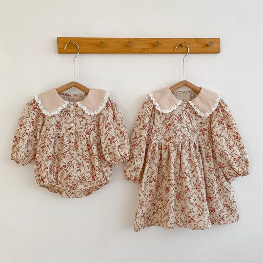 Leisure Countryside Style Autumn New Style Doll Collar Flower Print Long Sleeved Dress for Girls Aged 2-6 Daily Wear