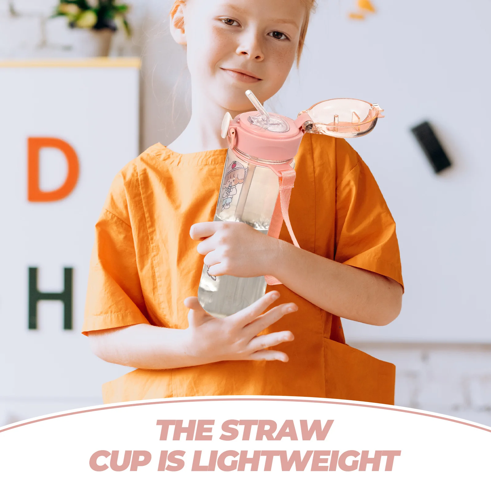 

Portable Cartoon Water Bottle Pink Plastic Cups with Straw Lightweight Durable Kids Gift Camping Hiking Outing Backpacking Gear