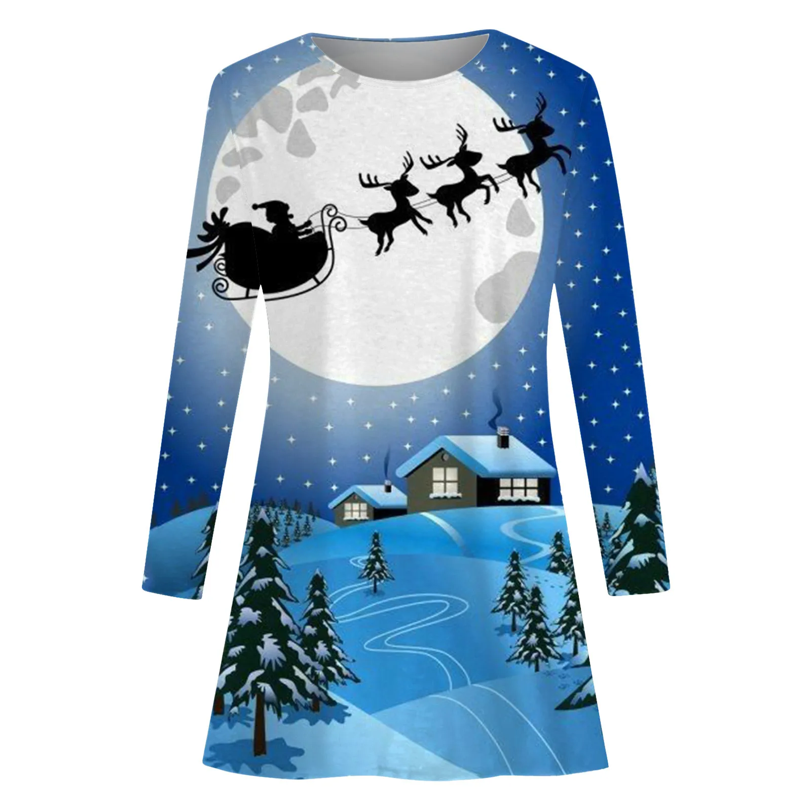 Kerst Vrouwen Losse Casual Jurk Cartoon Print Patchwork Lange Mouw Ronde Hals T-shirts Jurken Herfst Nieuwjaar Vestido Mujer