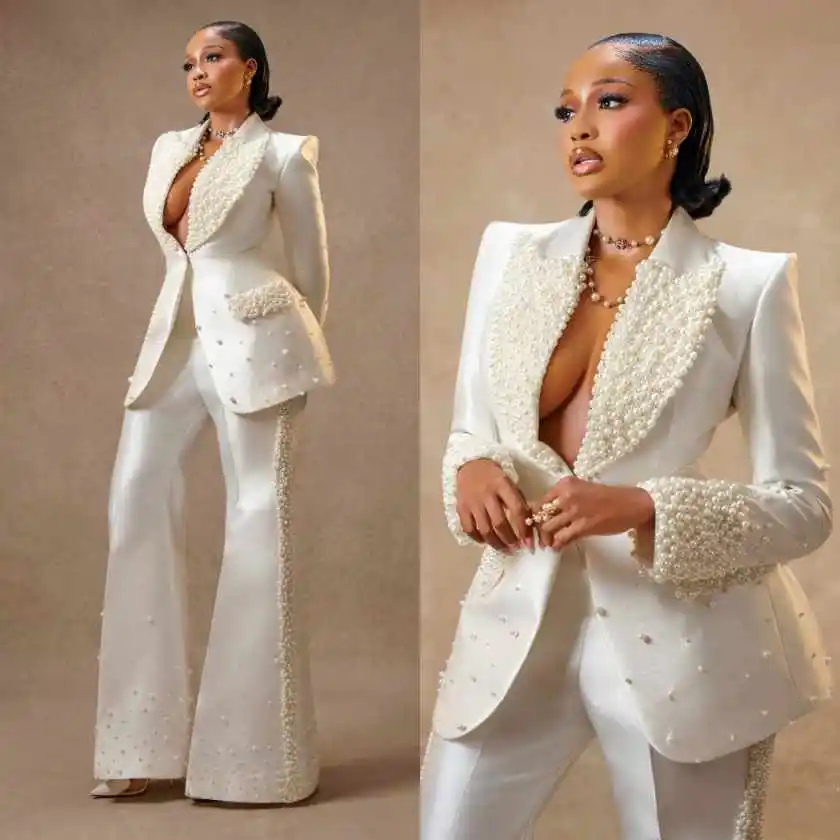 Luxurious Pearls Women's Suits One Button Long Sleeve Jacket Sets 2 Pieces Birthday Party Customized Outfits
