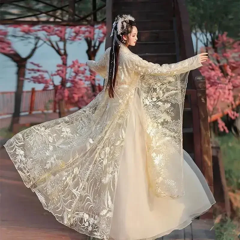 

Коллекция Hanfu, оригинальный женский старинный костюм ханьфу, летний костюм с кружевной вышивкой, супер Сказочный Традиционный китайский костюм