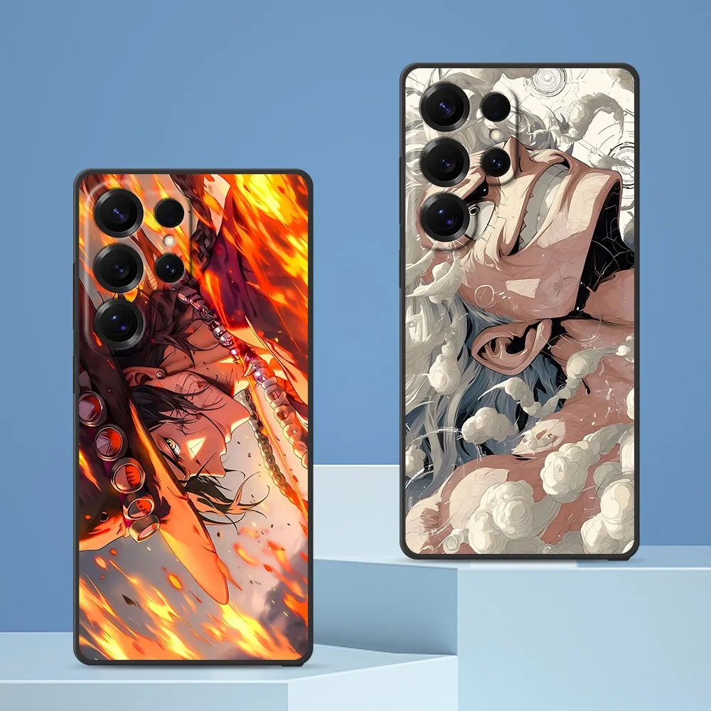 Capa de Celular Preta Fire Fist Ace Straw Hat Luffy para Samsung Galaxy S24 S22 S23 S25 S20 FE S7 Edge S9 S10 S21 Ultra S8 Plus