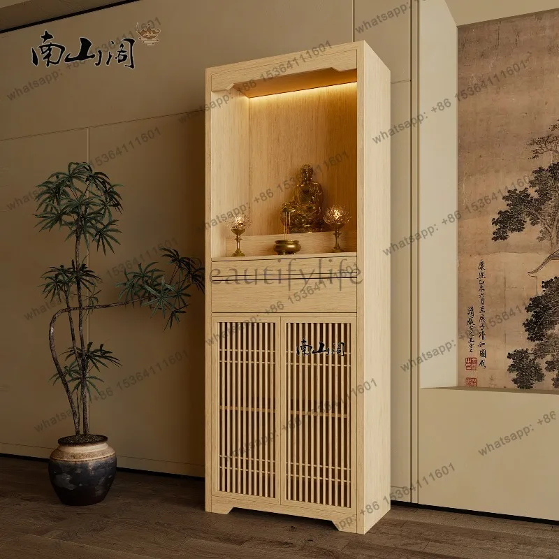 YJ New Chinese Ash Wood Shrine Cabinet Household Buddha Hall Altar Table Home Worship Stand For Guanyin God of Wealth