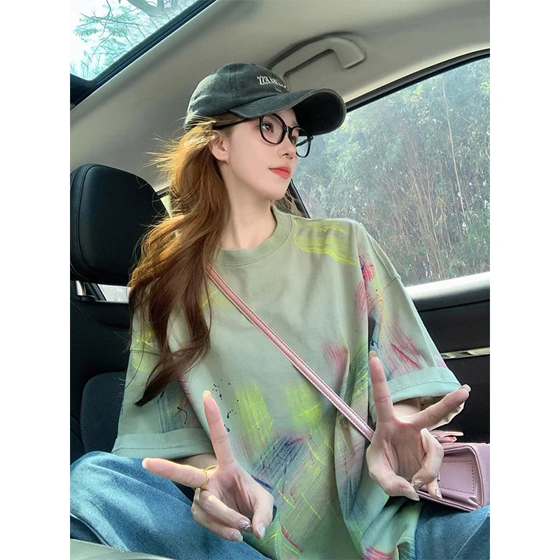 Women Summer American Style Loose Fashion Tie Dye Cotton O-neck Short Sleeve T-Shirt Ladies Casual All-match Appear Thin Top Tee