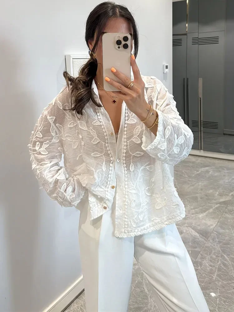 2025 kobiet elegancka bawełniana pościel z długim rękawem topy z klapami kobiece eleganckie luźne Streetwear biała jednorzędowa żakardowa bluzka na co dzień