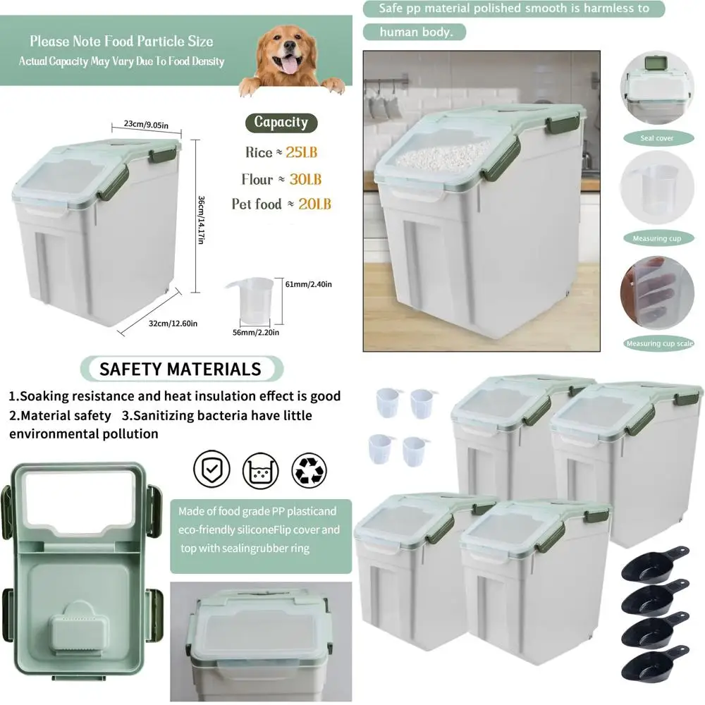 

4-Pack Airtight Storage Bins with Wheels, 25lb Capacity, Locking Lid, BPA-Free, Includes Measuring Cup & Scoop for Rice, Grains