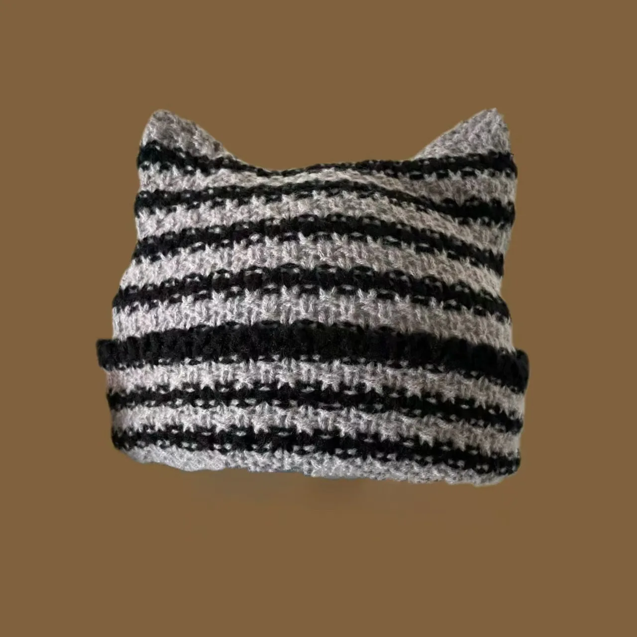 Winter/Autumn Japanese-Style Cute Cat-Ear striped Warm Knitted Hat A Comfortable Coat Like Hat Little Demon Stripes Knitted Hat