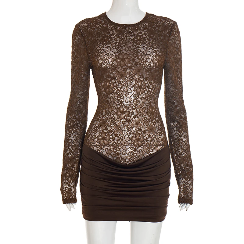Female clothing mini lace dress long sleeve trend 2025 Autumn winter Elegant party Tight sexy Transparent bodycon short dresses