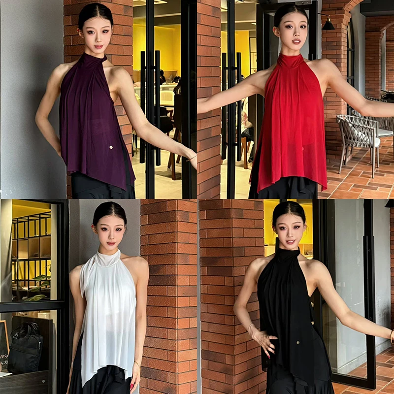 Top de Danza Moderna 2026 para Mujer, Top Rojo de Malla con Cuello Halter para Verano, Ropa Elegante para Práctica de Danza Latina, Ropa de Entrenamiento para Bailarinas, Negro VBH2791