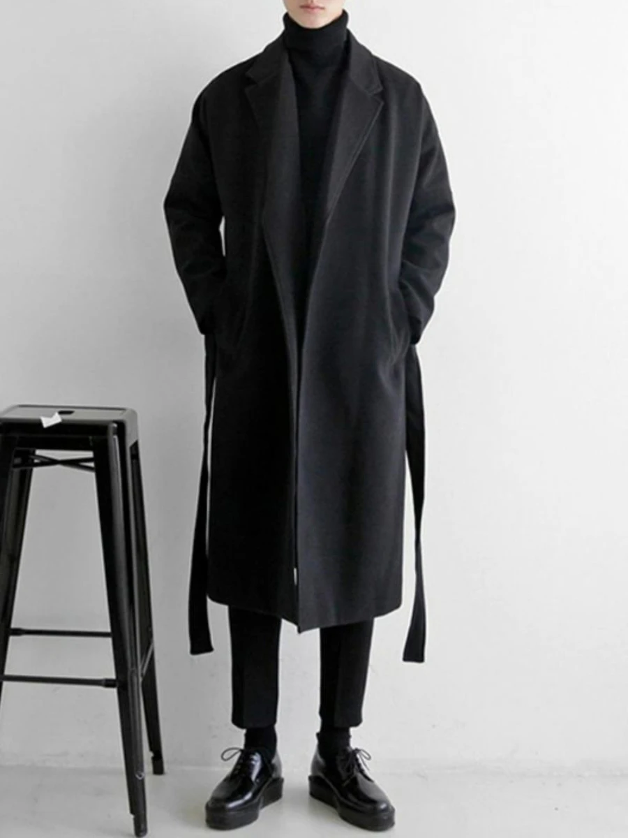 YASUGUOJI Cardigans Blends Coat with Belt Overcoat Male Winter Coat New Black Turn-down Collar Long Coat Men\'s Clothing