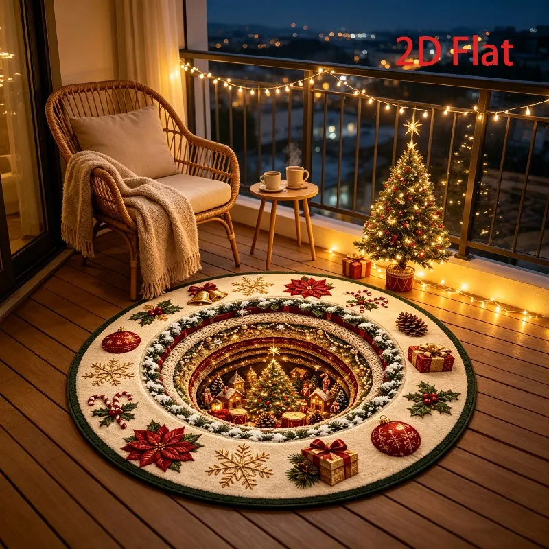 Christmas Retro Spiral Cave Round Rug Christmas Tree Village Atmosphere Carpet Luxury Decor Floor Mat for Bedroom Living Room