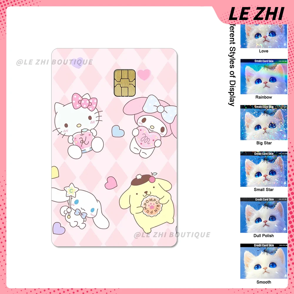 Kawai Anime Hello Kitty Cinnamoroll Kuromi Diy Waterproof Small Chip Film Stickers Sweet Credit Debit Card Sticker Decoration