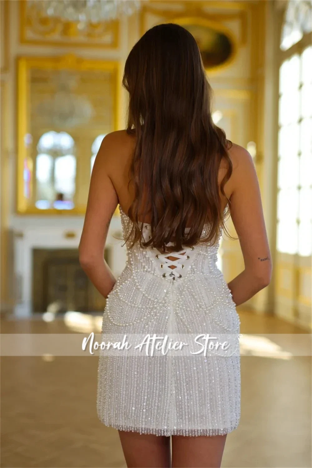 Perles scintillantes blanc bretelles Mini luxe femmes robes de soirée 2025 gland femmes robe de mariée arabie saoudite longue personnalisée