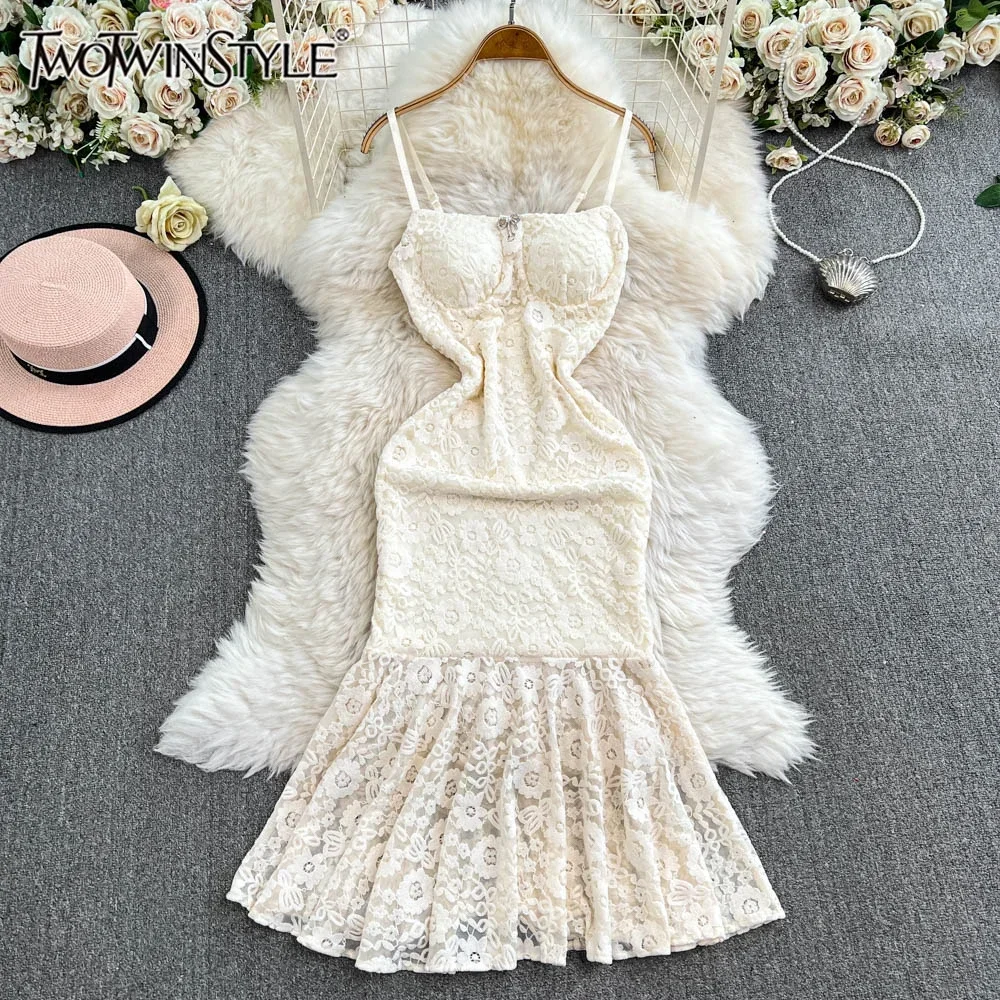 TWOTWINSTYLE Embroidery Sexy Dress For Women Strapless Sleeveless High Waist Spliced Zipper Midi Dress Female Fashion KDR523824