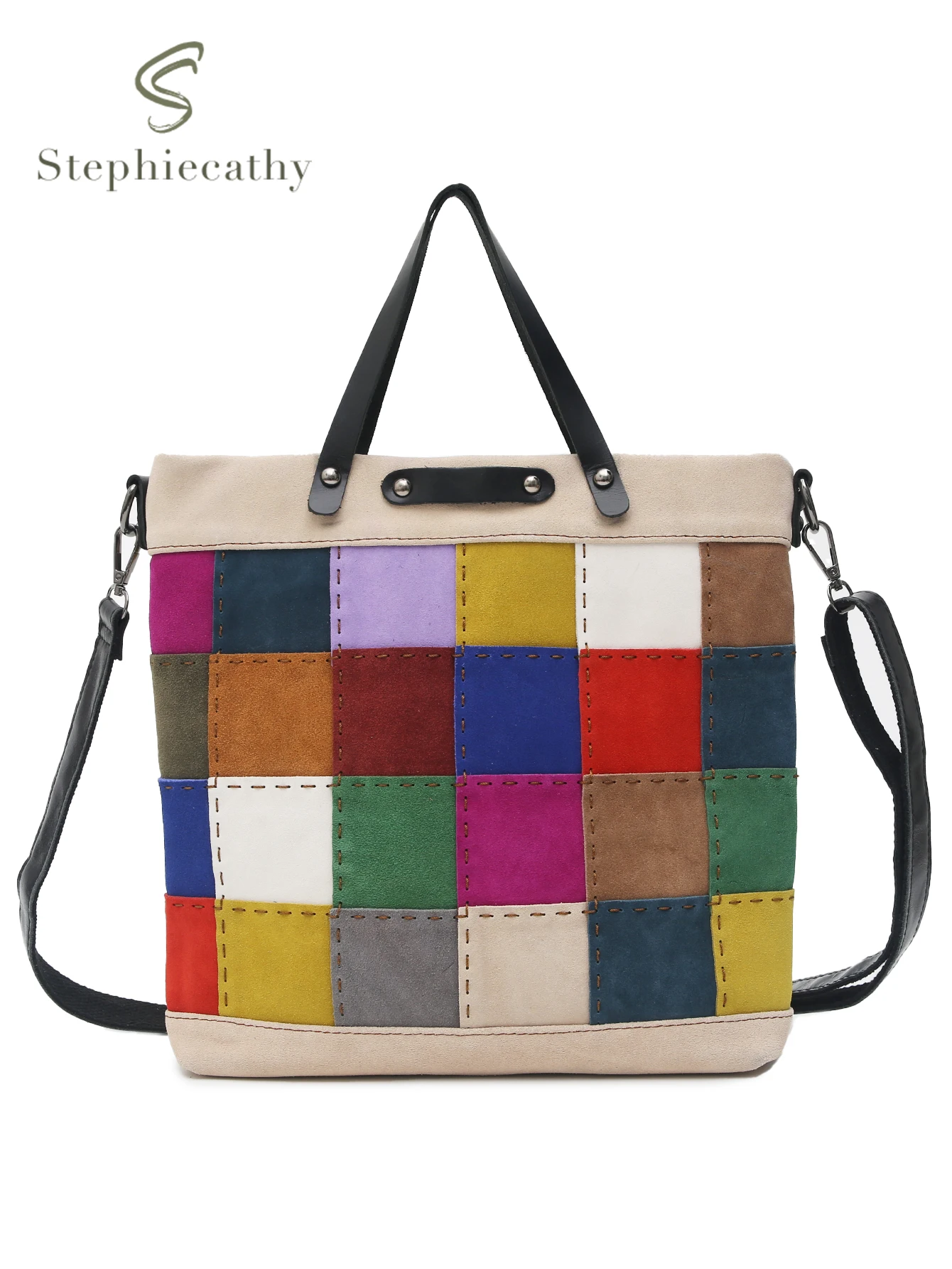 SC Luxury Genuine Suede Leather Tote Women Colorful Plaid Check Large Shoulder Bag Random Patchwork Cross Body Handbags Purses