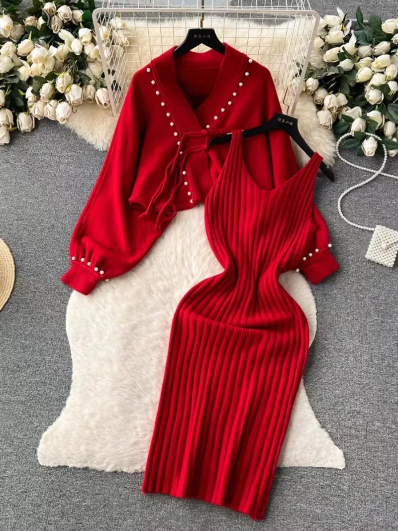 New High End Autumn Winter Fashion Dress Sets Women Knitted Vintage Casual Loose Shawl Coat + Sexy Sling Dresses Christmas Suit