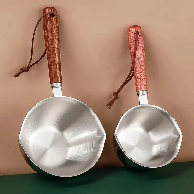 Stainless Steel Skillet with Wooden Handle, Ideal for Melting Butter and Chocolate, with Pouring Spout, Dishwasher Safe