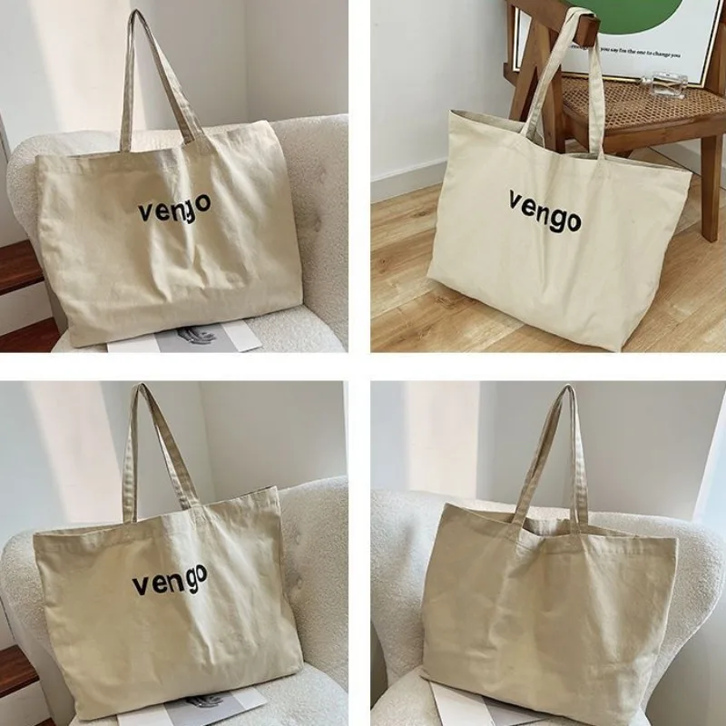 Korean Tote Bag Versatile Cotton Canvas Shoulder Bags Student Commuting Pure Color Handbags Women\'s Letter Printed Fabric Bag