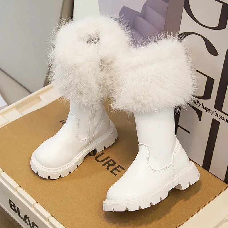 Girls High Boots Plush Cotton Thermal Sweet Princess Fluffy Boots White Black Chic Girls Catwalk Boots for Party Wedding Show