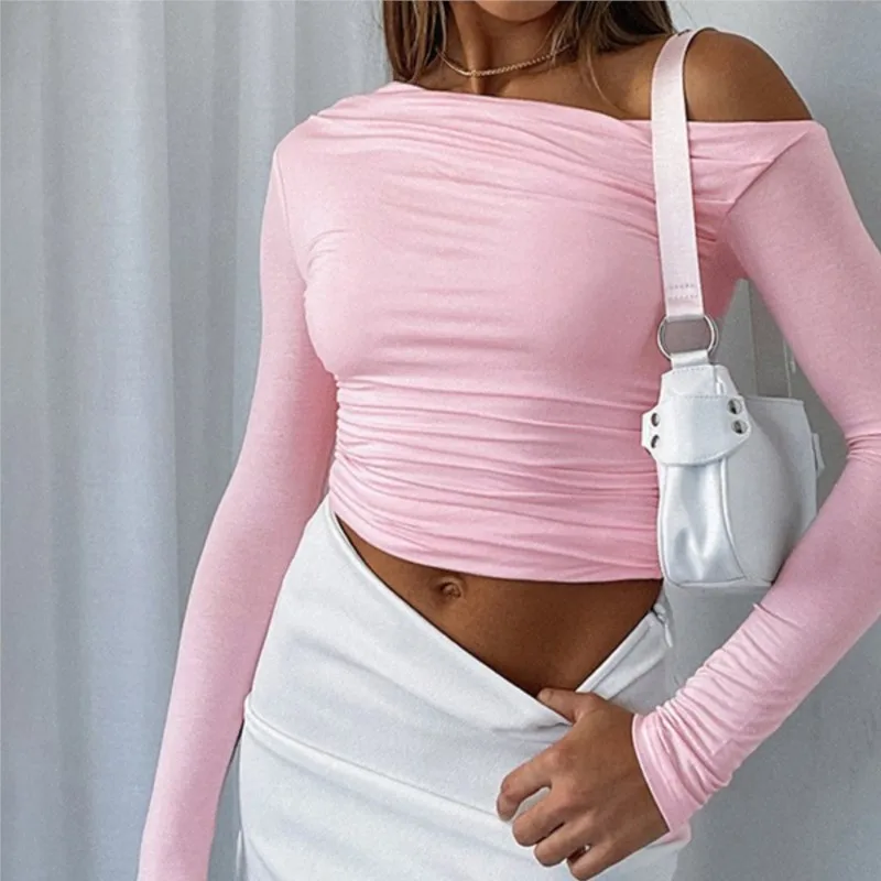 

Oblique Shoulder Long Sleeve Pleated Crop Top T-shirt Woman Camisas De Manga Larga Roupas Femininas Ropa Mujer Juvenil Ropa Dama