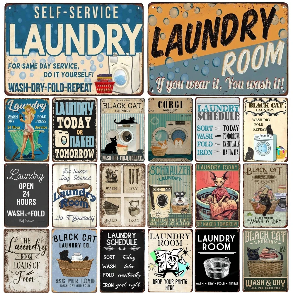 Vintage Fun Laundry Room Metal Tin Sign Plaque Black Cat Posters Decorative Plates For Home Laundry Room Bathroom Wall Decor