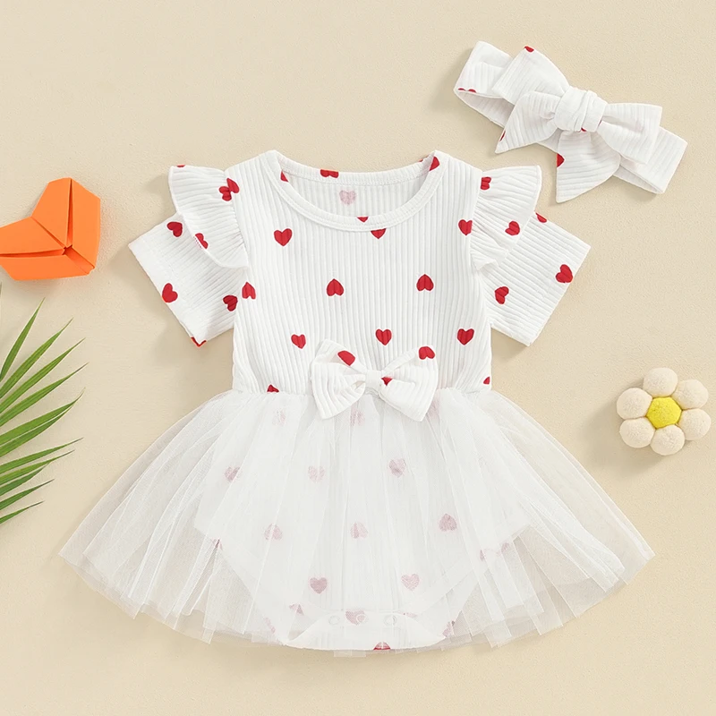 

Suefunskry Infant Baby Girl Romper Dress with Headband Short Sleeve Heart Print Tulle Patchwork Jumpsuit Bodysuit