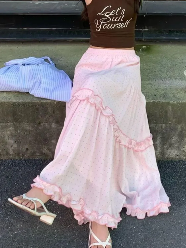 Sweet Pink Dot Long Skirt Women Fashion Preppy Style Cute Ruffles Skirts Korean Chic High Waist Loose Lady Elegant Long Skirts