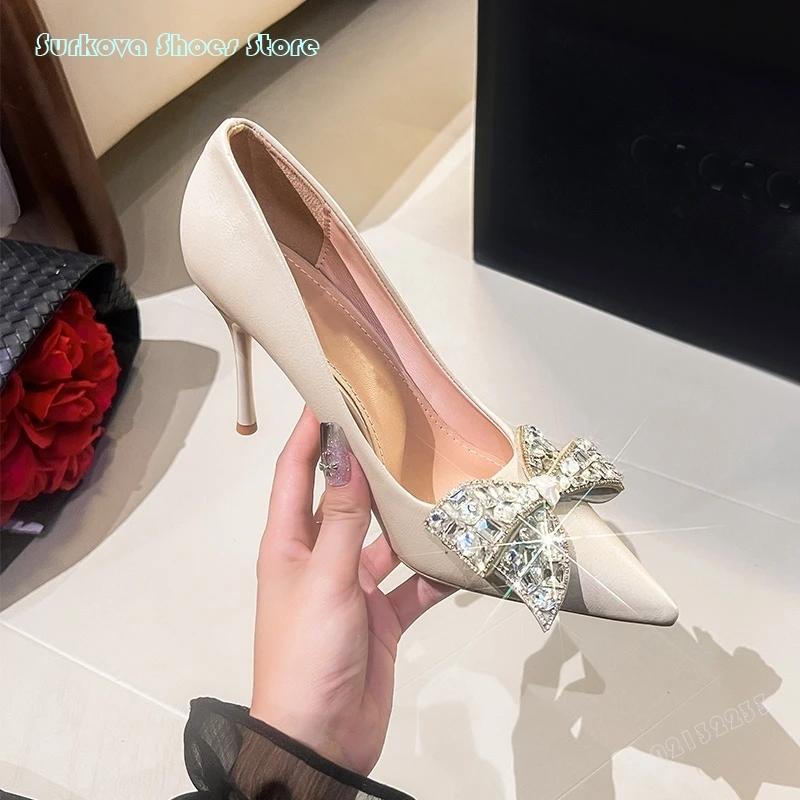 

Surkova Crystal Butterfly-knot Pointed Toe Thin Heels Pumps 2024 Elegant Women Slip On Shoes Sweet Office Lady Dress Stilettos