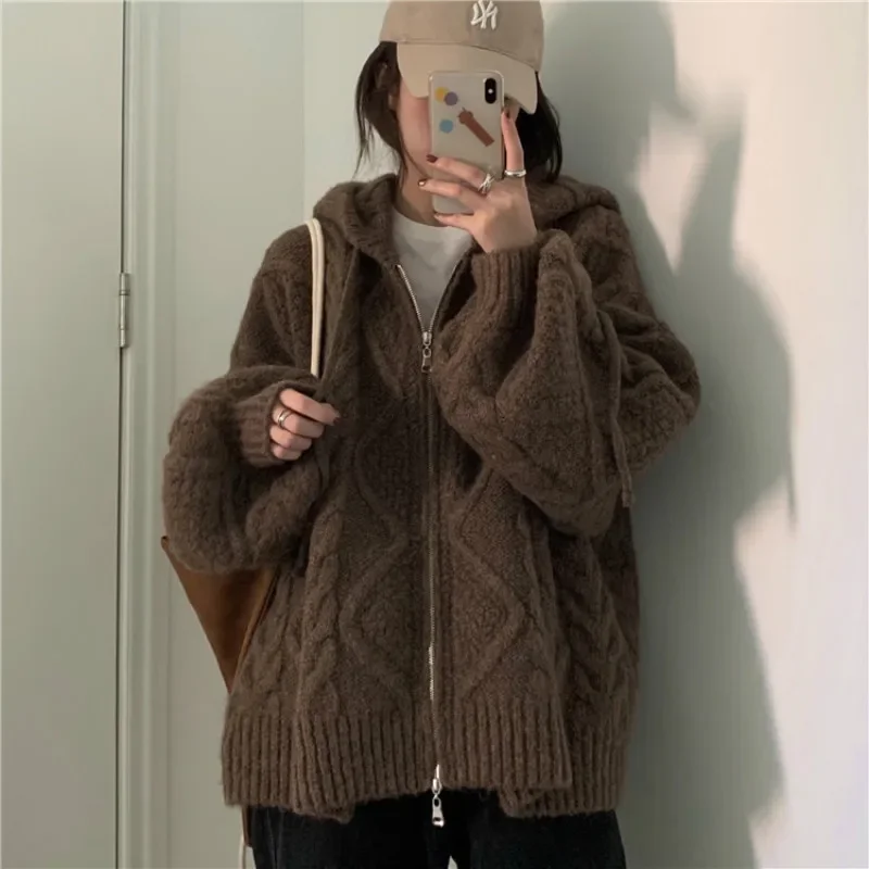 Women Autumn Winter Twist Zipper Hooded Sweater Coats Knitted Cardigan Jacket Oversized Long Sleeve Outwear Teddy Coat Brown