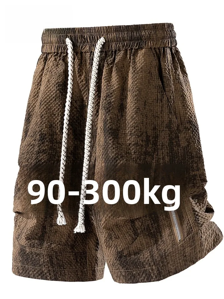 

MoChao Summer Trendy Brand Dyed Workwear orts Men's Casual Loose Large Size Retro Five-Part Bubble Patterned Pants