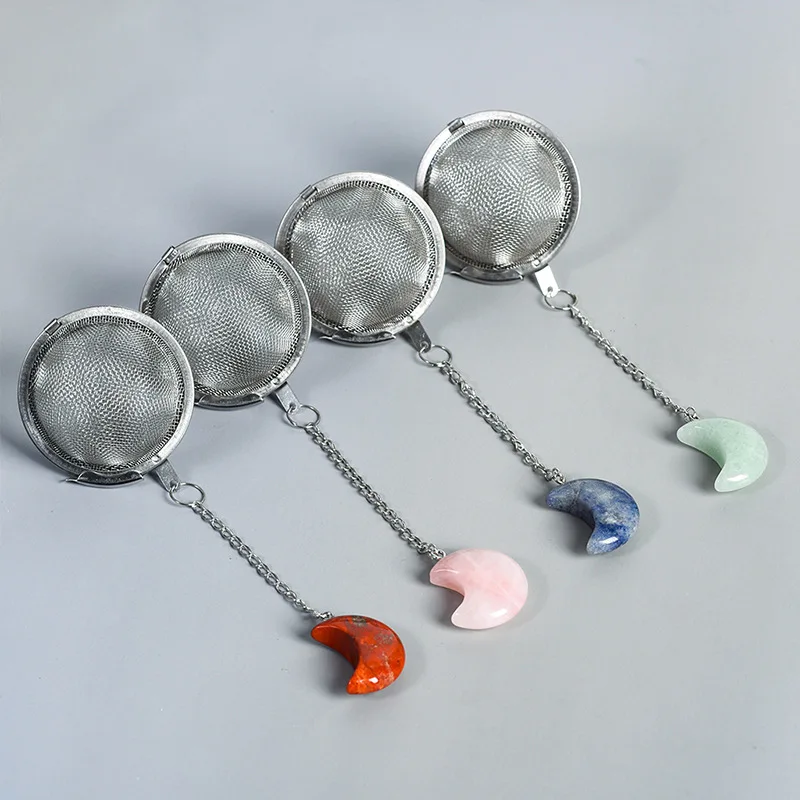 

10pcs Natural Crystal Moon Sculpture 304 Stainless Steel Tea Maker Tea Filter Moon Type Rose Quartz Pendant Decorative