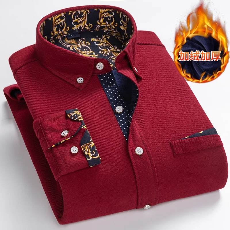 2023 Autumn and Winter New Men's Classic Fashion Casual Corduroy Long-Sleeved Shirt Men's Plus Fleece Thickened Warm Shirt M-5XL