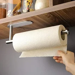 Soporte para papel de cocina de acero inoxidable, portarrollos de papel autoadhesivo para cocina, sin perforación, estante de almacenamiento alargado para cocina y baño