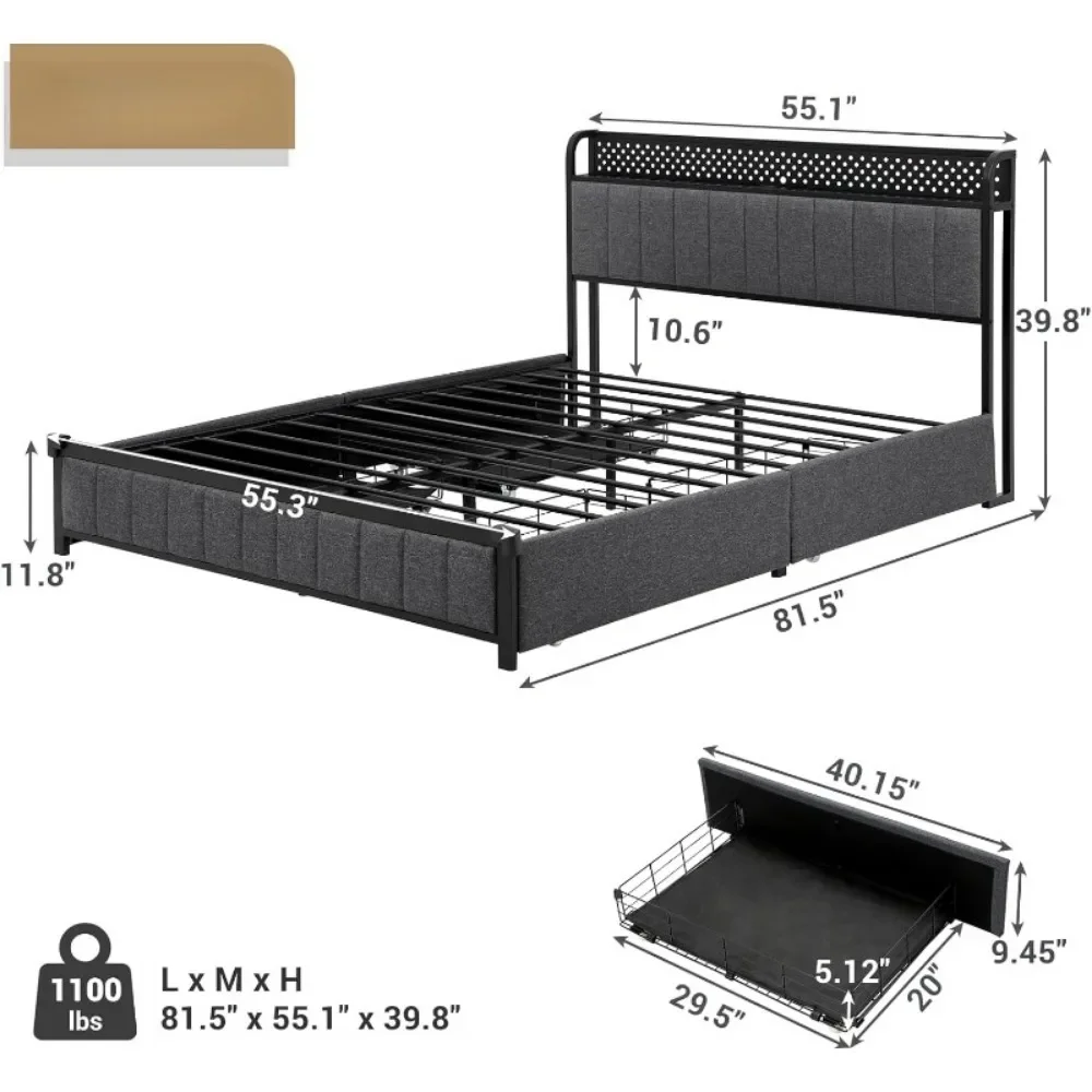 Cadre de Lit avec Planche de Sauna et Prises de Rangement, Plate-forme D.lique avec 4 Rangements de Proximités et Lumières, Socle de Lit Gris