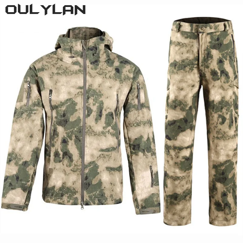 Oulylan Waterproof Fishing Hiking Camping Tactical Jackets Set Hunting Fleece Coat Pants Tracksuits Hooded Thermal Camo Clothes