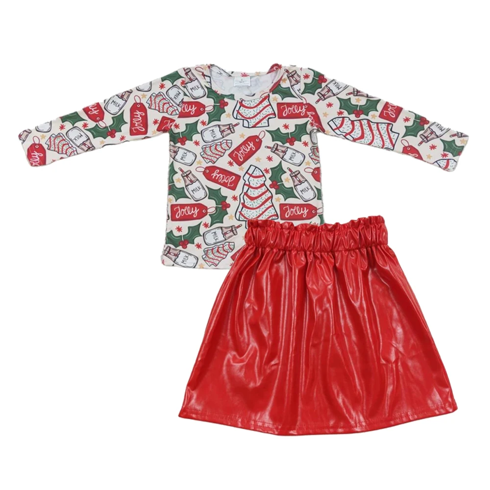 

Wholesale Toddler Long Sleeves Clothing Cake Milk Children Outfit Baby Girls Red Leather Skirt Clothes Kids Christmas Set