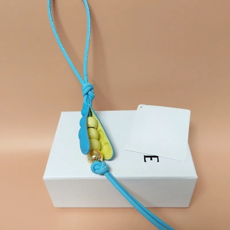 Green Blue Peapod Charm Genuine Leather Car Keychain Women's Bag Pendant Hanging Ornament Cute Gift Trendy