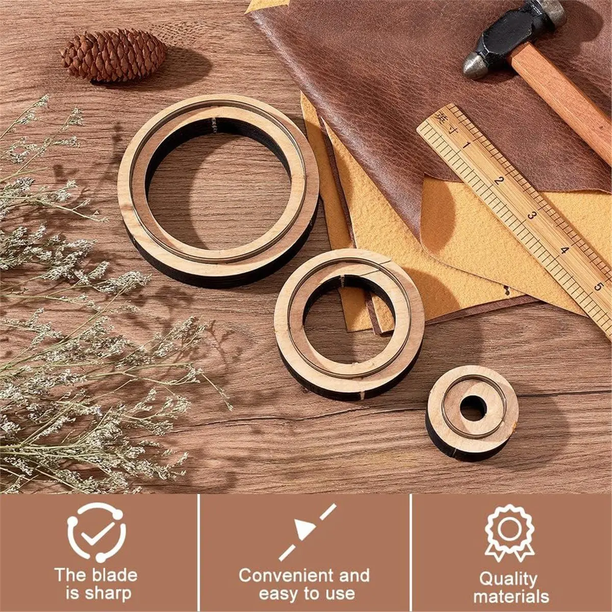 Ensemble de 3 matrices de découpe circulaires en cuir pour l'artisanat, diamètres intérieurs de 29,5 mm, 59 mm et 89 mm respectivement