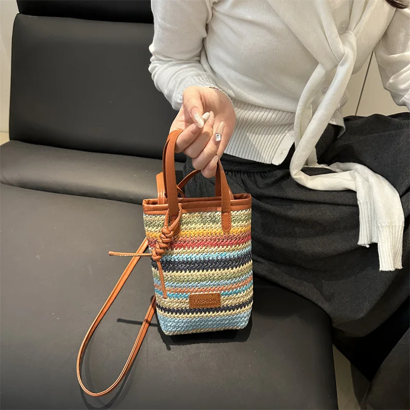 

Small Bag Women's Summer Popular Versatile Contrasting Color Straw Messenger Bag Phone Purses Casual Fashion Shoulder Bucket Bag