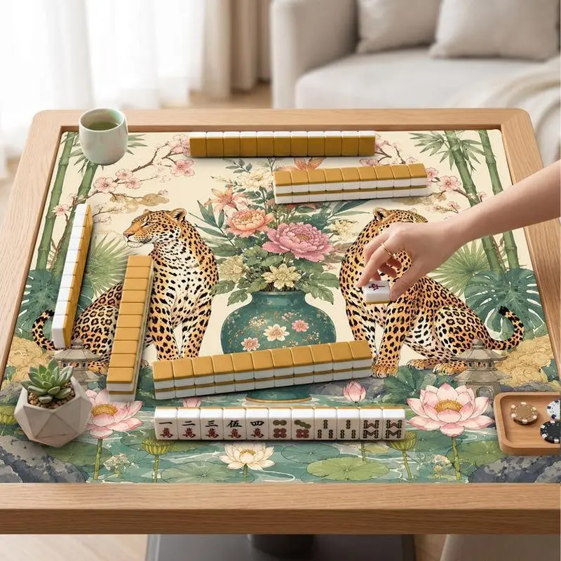 VIKAMA Chinese Bamboo Leopard Lotus Mahjong Mat Non Slip Washable Decor Soft Pad Noise Reduction Table