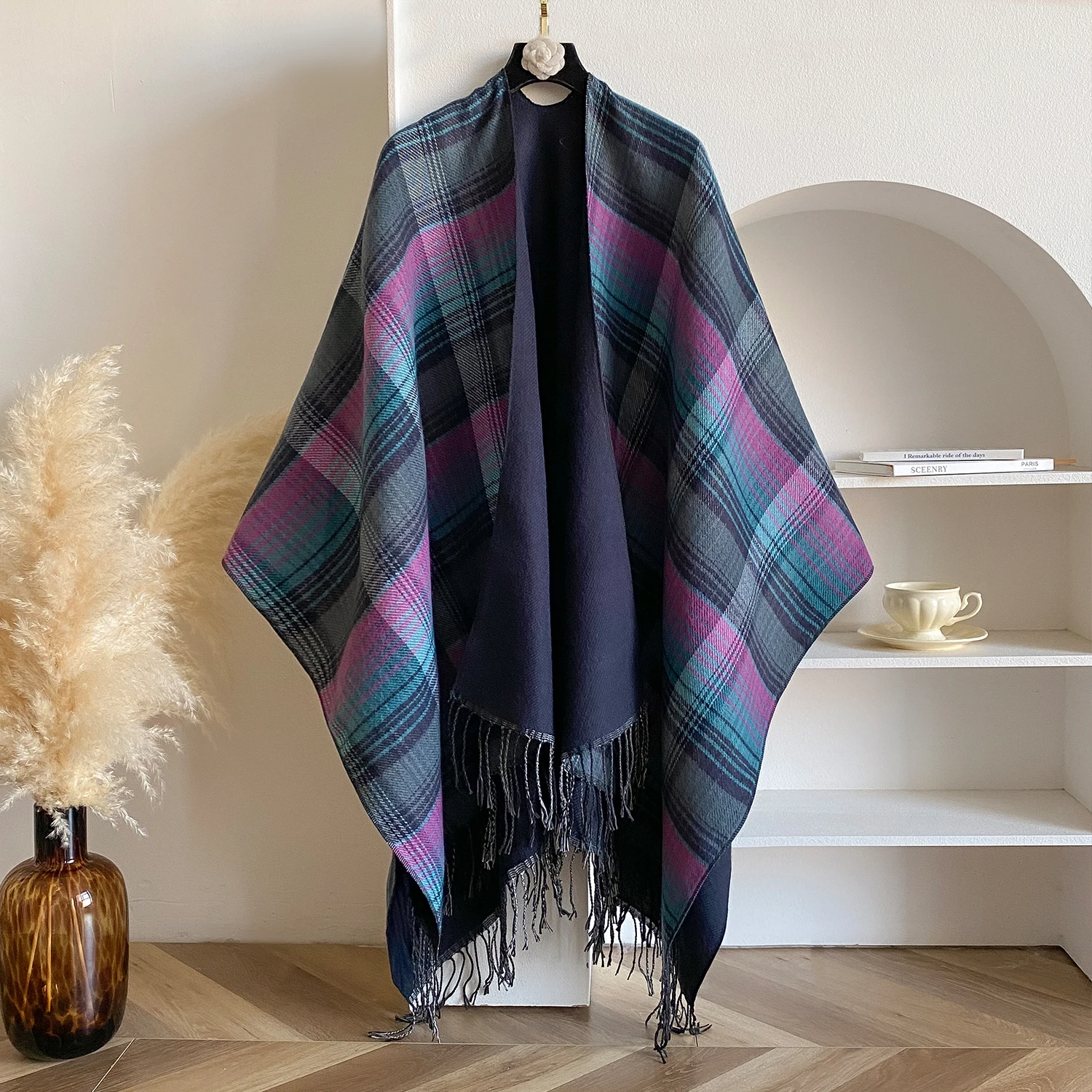 New Design Women Plaid Cashmere Feel Shawl Coat Lady Winter Cape With Retro Cardigan Classic Simple Cloak Soft Large Blanket
