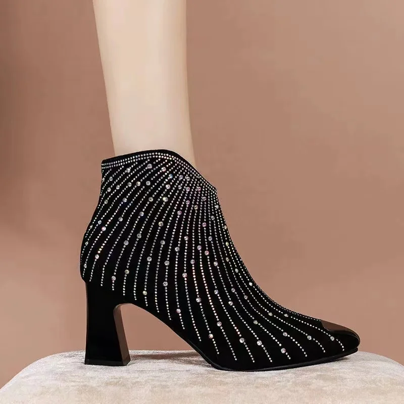 2020 PU Leather Autumn Winter Ankle Boots Zipper Ladies Pumps Square High Heel Women Shoes Size 35-40 Botas Mujer Botas