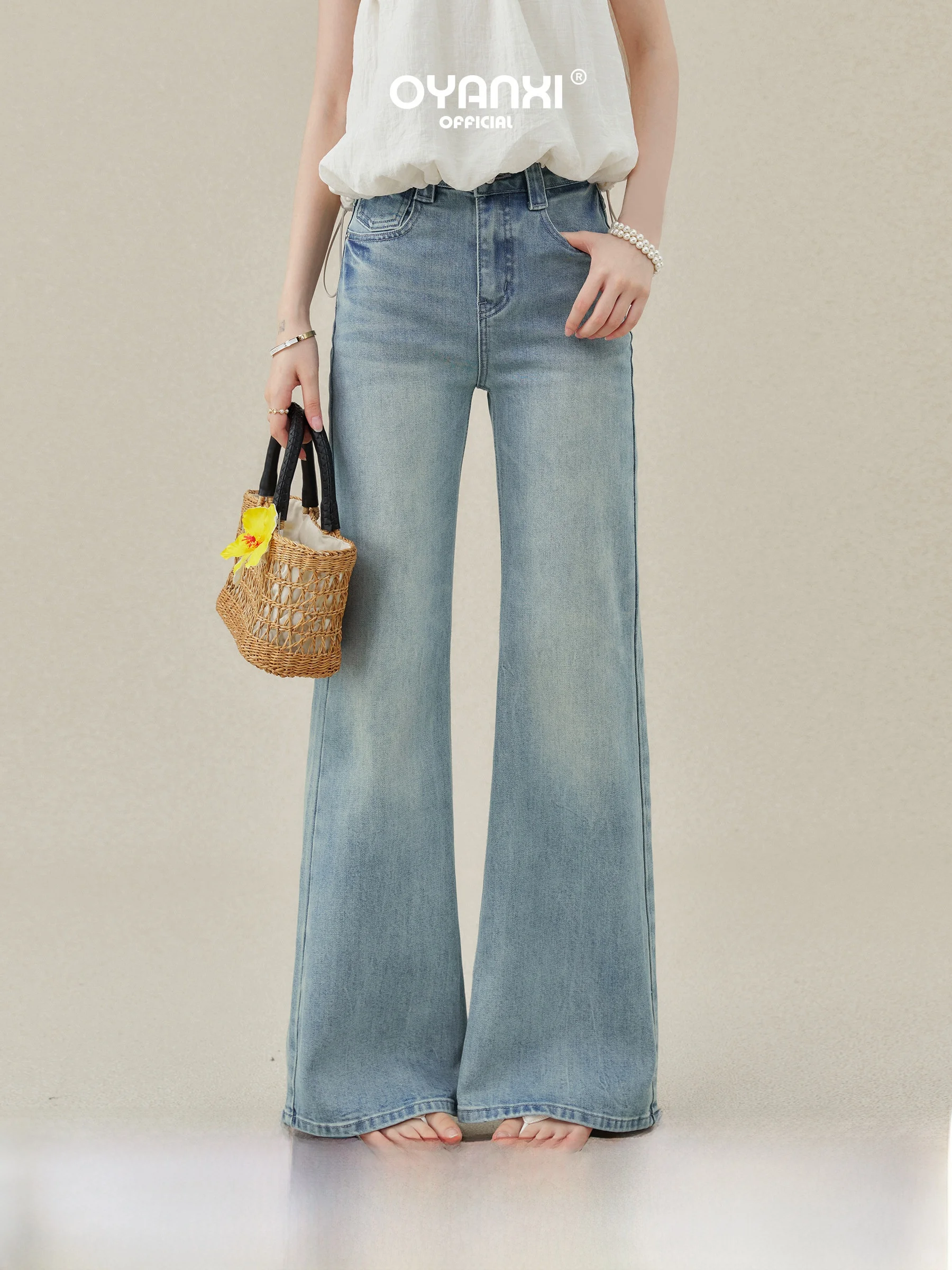 

High Waist Bell Bottom Blue Jeans Women's Summer Loose Wide Leg Straight Cut Trousers Fashionable Ladies Denim Pants
