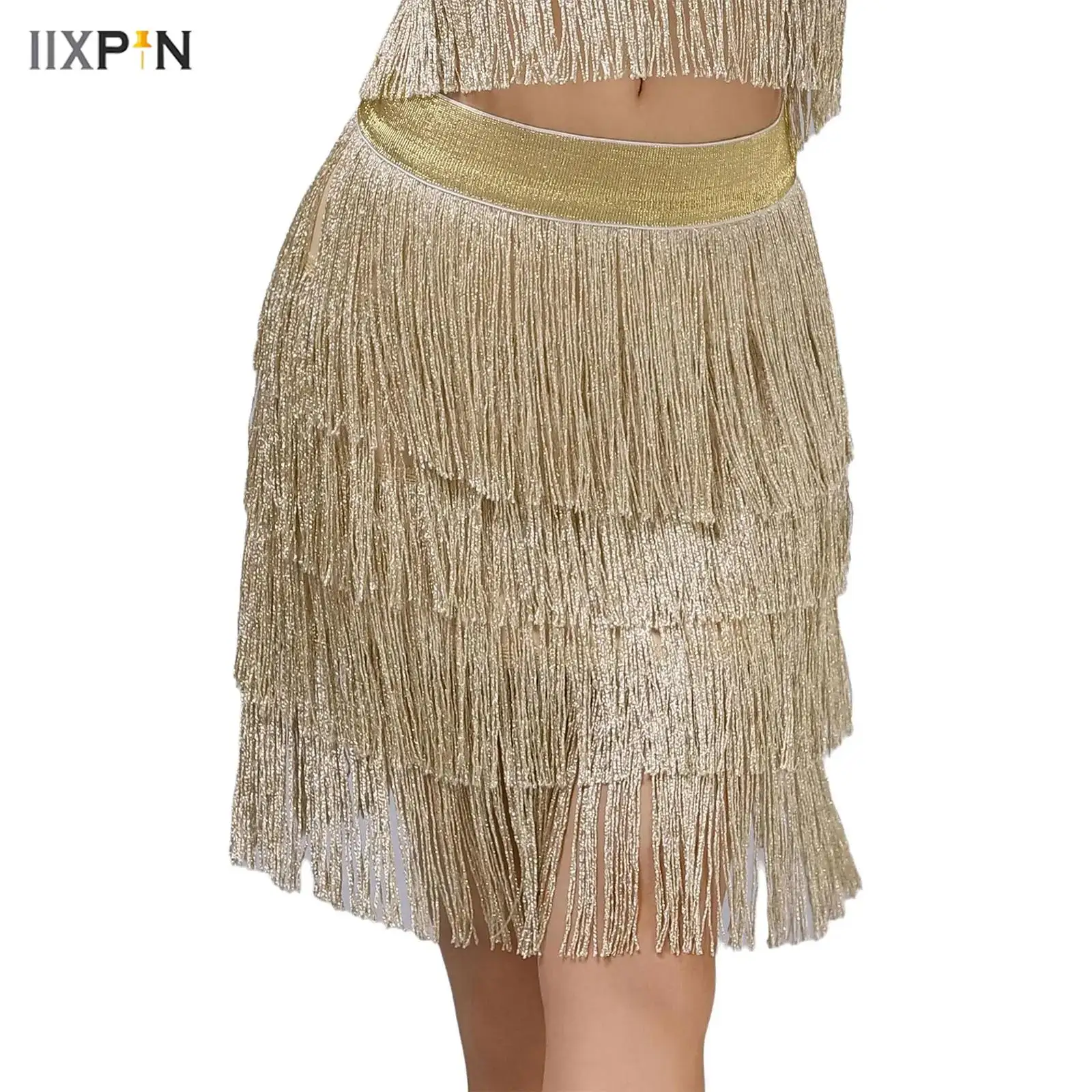 

Womens Latin Tango Dance Skirt Shiny Tassel Elastic Waistband Tiered Fringe Swing Skirt for Chacha Rumba Samba Dance Costume