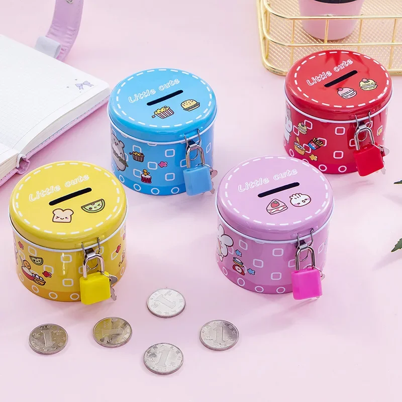 Creative Metal Cylinder Piggy Bank Tinplate Cartoon Saving Bank With Iron Lock For Gifts