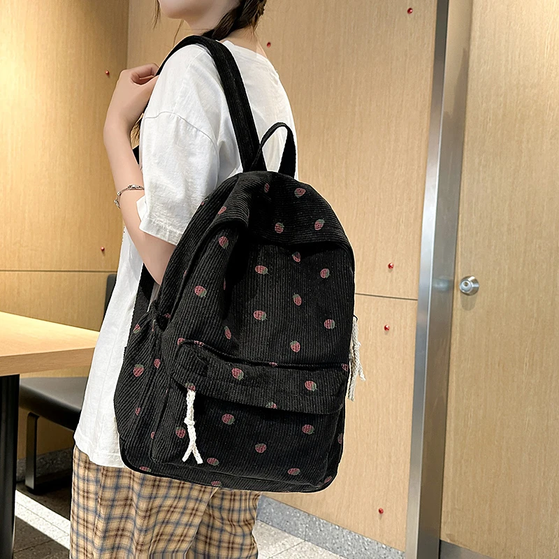 Simple Versatile Women's Corduroy Strawberry Student Schoolbags New Fashion Trendy Commuting Storage Bags